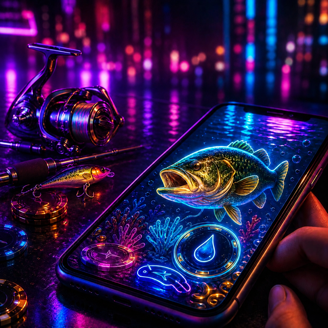 Neon-lit mobile arcade fishing game showing a bass and glowing multiplier badges